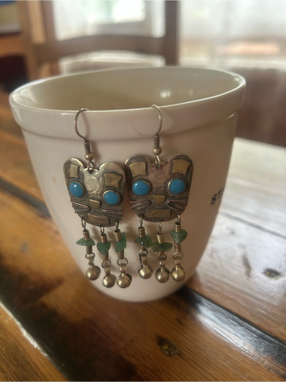 Handcrafted Silver-Tone Cat Dangle Earrings with Turquoise Accents. EUC.
